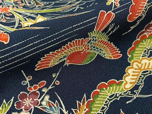 平和屋着物■上質な小紋　型染め　御所解花鳥文　濃紺地　正絹　逸品　BAAY8071hj