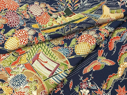平和屋着物■上質な小紋　型染め　御所解花鳥文　濃紺地　正絹　逸品　BAAY8071hj