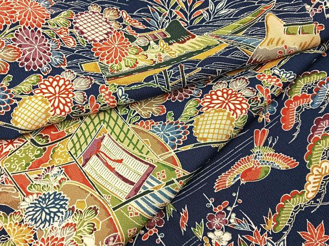 平和屋着物■上質な小紋　型染め　御所解花鳥文　濃紺地　正絹　逸品　BAAY8071hj