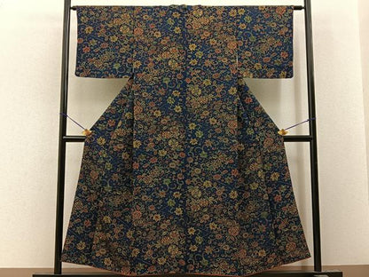 平和屋着物■上質な小紋　菊唐草文　濃紺地　正絹　逸品　BAAY8074hj