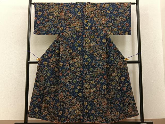 平和屋着物■上質な小紋　菊唐草文　濃紺地　正絹　逸品　BAAY8074hj