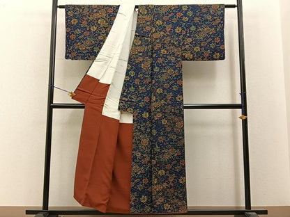 平和屋着物■上質な小紋　菊唐草文　濃紺地　正絹　逸品　BAAY8074hj