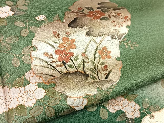平和屋着物●訪問着　雪輪秋草文　暈し染め　金彩　正絹　逸品　BAAY8113hj
