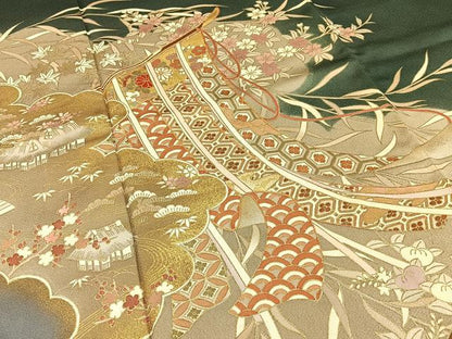 平和屋着物●豪華色留袖　駒刺繍　几帳御所解花文　金彩　正絹　逸品　BAAY8118hj