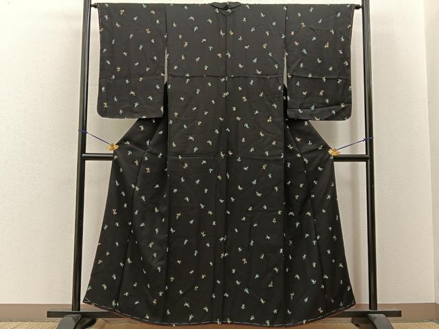 平和屋着物●上質な小紋　草花文　黒地　金彩　正絹　逸品　未使用　BAAY8123hj