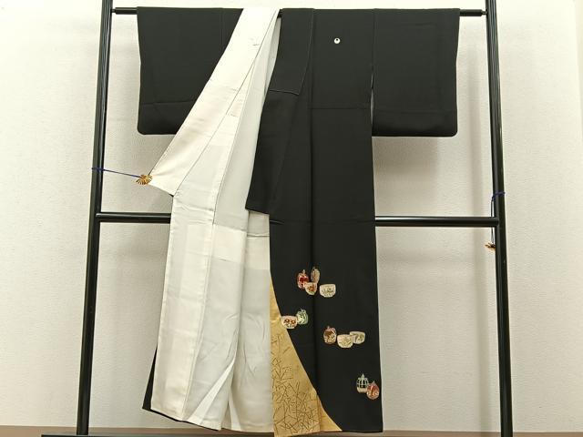 平和屋着物●松尾光琳　黒留袖　刺繍　茶道具　金彩　正絹　逸品　BAAY8135hj