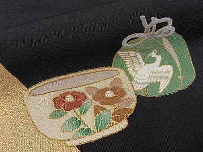 平和屋着物●松尾光琳　黒留袖　刺繍　茶道具　金彩　正絹　逸品　BAAY8135hj