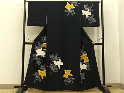 平和屋着物■訪問着　絞り　カトレア　濃紺地　正絹　逸品　BAAY8147hj