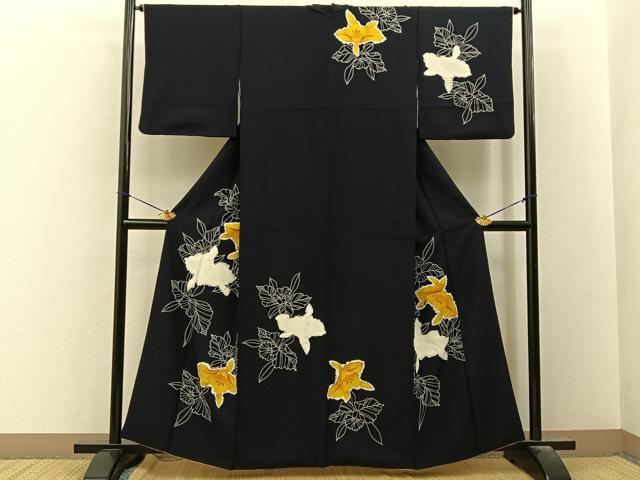 平和屋着物■訪問着　絞り　カトレア　濃紺地　正絹　逸品　BAAY8147hj