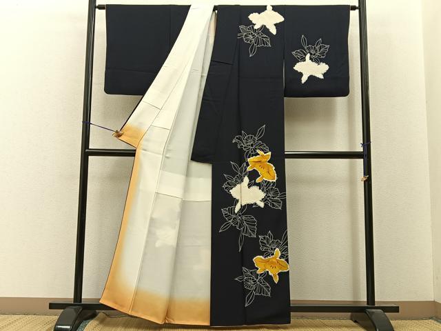 平和屋着物■訪問着　絞り　カトレア　濃紺地　正絹　逸品　BAAY8147hj