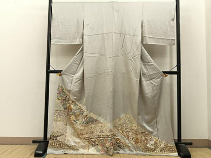 平和屋着物●豪華色留袖　駒刺繍　鳳凰更紗花文　金彩　正絹　逸品　BAAY8160hj