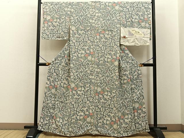平和屋着物●上質な小紋　辻が花　鬼しぼ縮緬　反端付き　正絹　逸品　未使用　BAAY8191hj