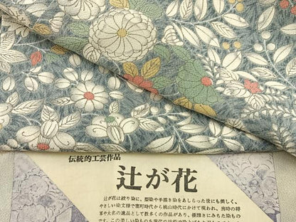 平和屋着物●上質な小紋　辻が花　鬼しぼ縮緬　反端付き　正絹　逸品　未使用　BAAY8191hj