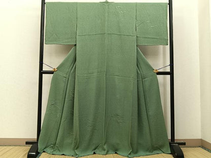 平和屋着物●無地絵羽訪問着　総刺繍　雪芝文　山葵色　正絹　逸品　BAAY8239hj