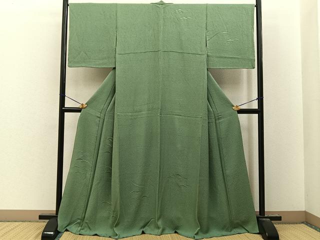 平和屋着物●無地絵羽訪問着　総刺繍　雪芝文　山葵色　正絹　逸品　BAAY8239hj