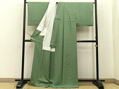 平和屋着物●無地絵羽訪問着　総刺繍　雪芝文　山葵色　正絹　逸品　BAAY8239hj
