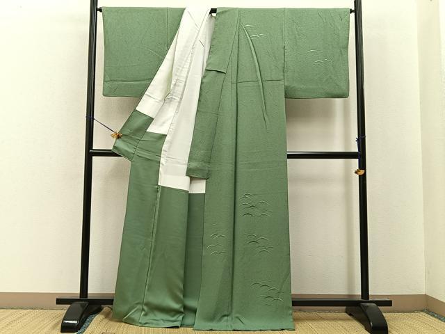 平和屋着物●無地絵羽訪問着　総刺繍　雪芝文　山葵色　正絹　逸品　BAAY8239hj