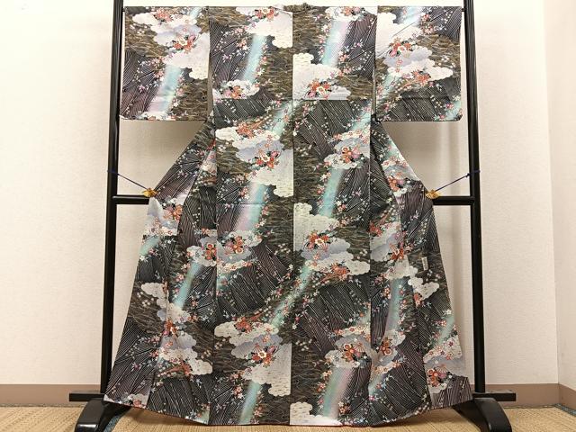 平和屋着物●世界的ファッションデザイナー　山本寛斎　kansaiブランド　小紋　扇面花文　暈し染め　黒地　金銀彩　正絹　逸品　BAAY8268hj