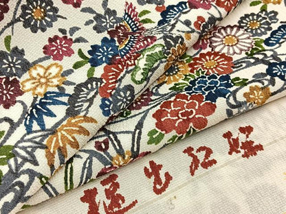 平和屋着物●堰出紅型　小紋　松竹梅　流水花鳥文　鬼しぼ縮緬　反端付き　正絹　逸品　BAAY8276hj