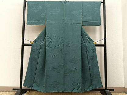 平和屋着物■上質な色無地　雲隠れ笹地紋　柳煤竹色　正絹　逸品　BAAY8291hj