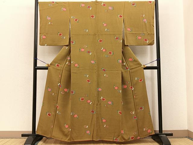 平和屋着物●上質な小紋　型染め　万寿菊　鬼しぼ縮緬　正絹　逸品　BAAY8296hj