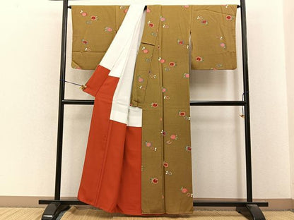 平和屋着物●上質な小紋　型染め　万寿菊　鬼しぼ縮緬　正絹　逸品　BAAY8296hj