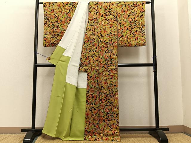 平和屋着物■上質な小紋　花鳥文　黒地　正絹　逸品　BAAY8306hj