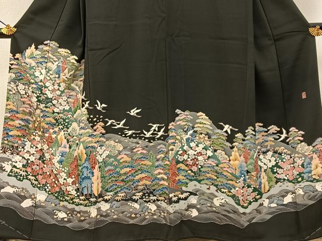 平和屋着物●豪華黒留袖　友禅　作家物　松竹梅　飛鶴風景文　正絹　逸品　未使用　BAAY8309hj