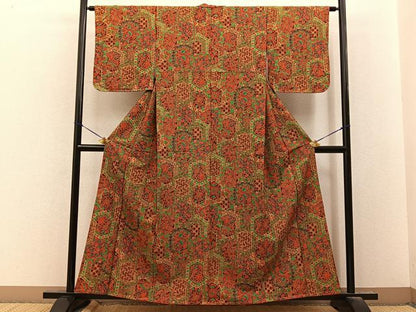 平和屋着物■上質な小紋　紬地　亀甲花唐草文　正絹　逸品　未使用　BAAY8321hj
