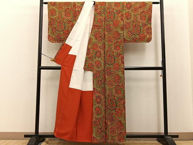 平和屋着物■上質な小紋　紬地　亀甲花唐草文　正絹　逸品　未使用　BAAY8321hj