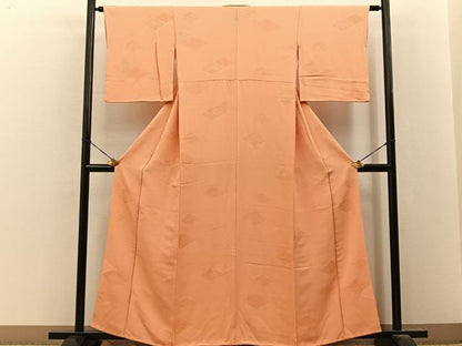 平和屋着物■上質な色無地　菱地紋　洒落柿色　正絹　逸品　BAAY8345hj