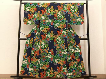 平和屋着物■上質な小紋　草花尽くし　濃紺地　金彩　正絹　逸品　BAAY8356hj