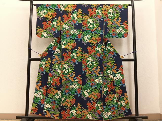 平和屋着物■上質な小紋　草花尽くし　濃紺地　金彩　正絹　逸品　BAAY8356hj