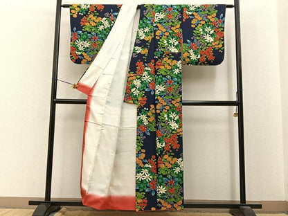 平和屋着物■上質な小紋　草花尽くし　濃紺地　金彩　正絹　逸品　BAAY8356hj