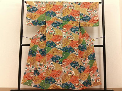 平和屋着物■上質な小紋　型染め　飛鶴花蝶文　鬼しぼ縮緬　正絹　逸品　BAAY8369hj