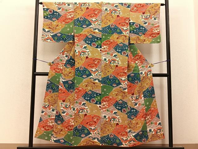 平和屋着物■上質な小紋　型染め　飛鶴花蝶文　鬼しぼ縮緬　正絹　逸品　BAAY8369hj