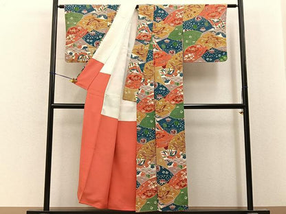 平和屋着物■上質な小紋　型染め　飛鶴花蝶文　鬼しぼ縮緬　正絹　逸品　BAAY8369hj