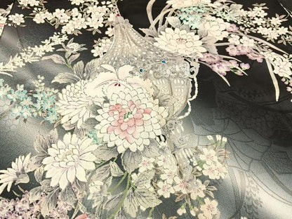 平和屋着物●豪華振袖　装飾花文　暈し染め　黒地　銀彩　正絹　逸品　BAAY8370hj