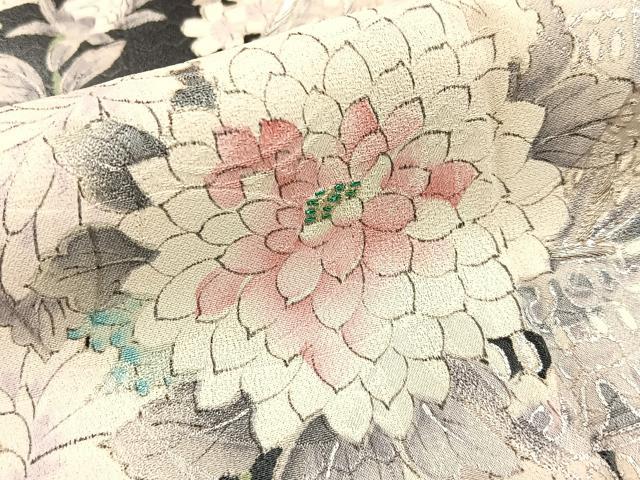 平和屋着物●豪華振袖　装飾花文　暈し染め　黒地　銀彩　正絹　逸品　BAAY8370hj