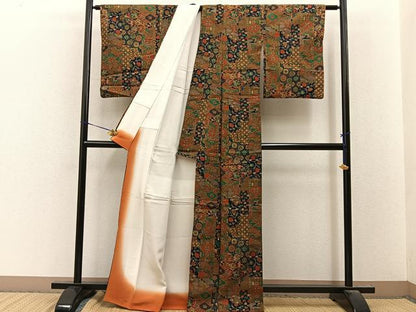 平和屋着物■上質な小紋　紬地　御所車扇面花文　正絹　逸品　BAAY8373hj