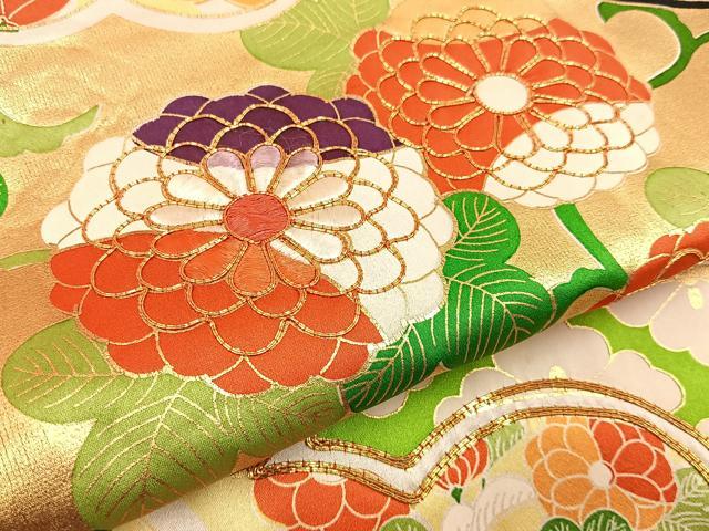 平和屋着物■豪華振袖　駒刺繍　渡橋雲取菊文　金彩　正絹　逸品　BAAY8396hj