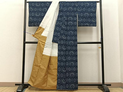 平和屋着物●弓浜絣　飛鶴亀甲松文　綿　逸品　BAAY8414hj