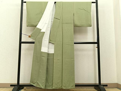 平和屋着物●上質な色無地　若葉色　鬼しぼ縮緬　正絹　逸品　BAAY8424hj