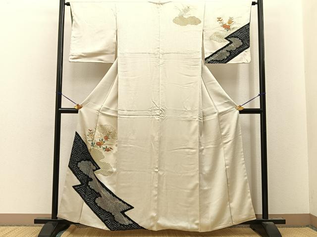 平和屋着物■訪問着　絞り　駒刺繍　雲取菊文　金彩　正絹　逸品　BAAY8429hj