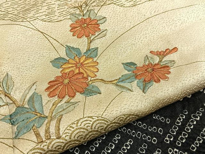 平和屋着物■訪問着　絞り　駒刺繍　雲取菊文　金彩　正絹　逸品　BAAY8429hj