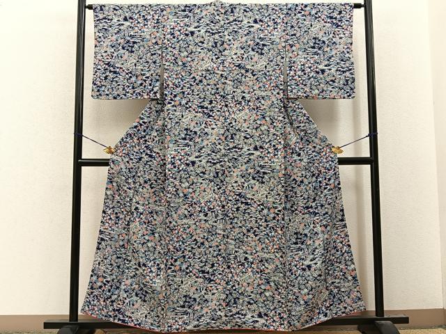 平和屋着物■上質な小紋　御所解文　濃紺地　正絹　逸品　BAAY8436hj