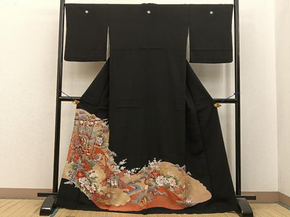 平和屋着物■豪華黒留袖　駒刺繍　御所車花文　金彩　正絹　逸品　BAAY8447hj