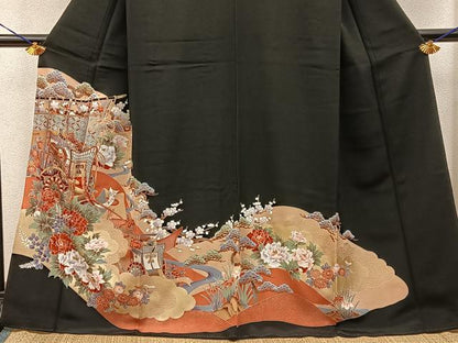 平和屋着物■豪華黒留袖　駒刺繍　御所車花文　金彩　正絹　逸品　BAAY8447hj