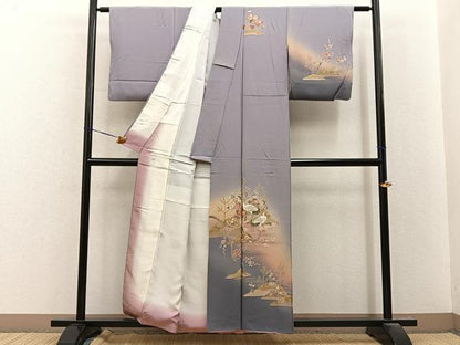 平和屋着物■訪問着　群鶴遠山花文　暈し染め　金彩　正絹　逸品　BAAY8461hj