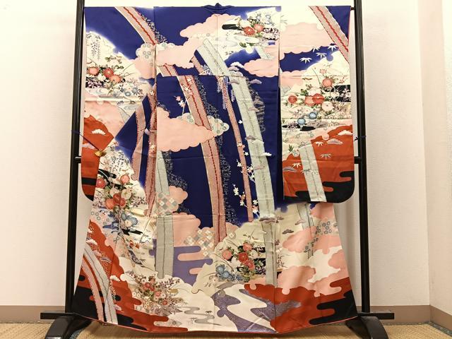 平和屋着物■豪華振袖　駒刺繍　雪輪花鳥文　暈し染め　金彩　正絹　逸品　BAAY8481hj